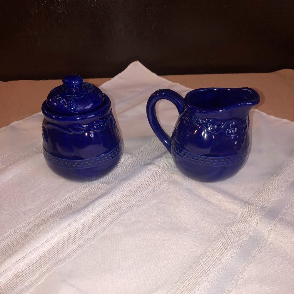 Cobalt Blue Ceramic Creamer Pitcher & Sugar Set featuring embossed fruit design - Picture 2 of 9